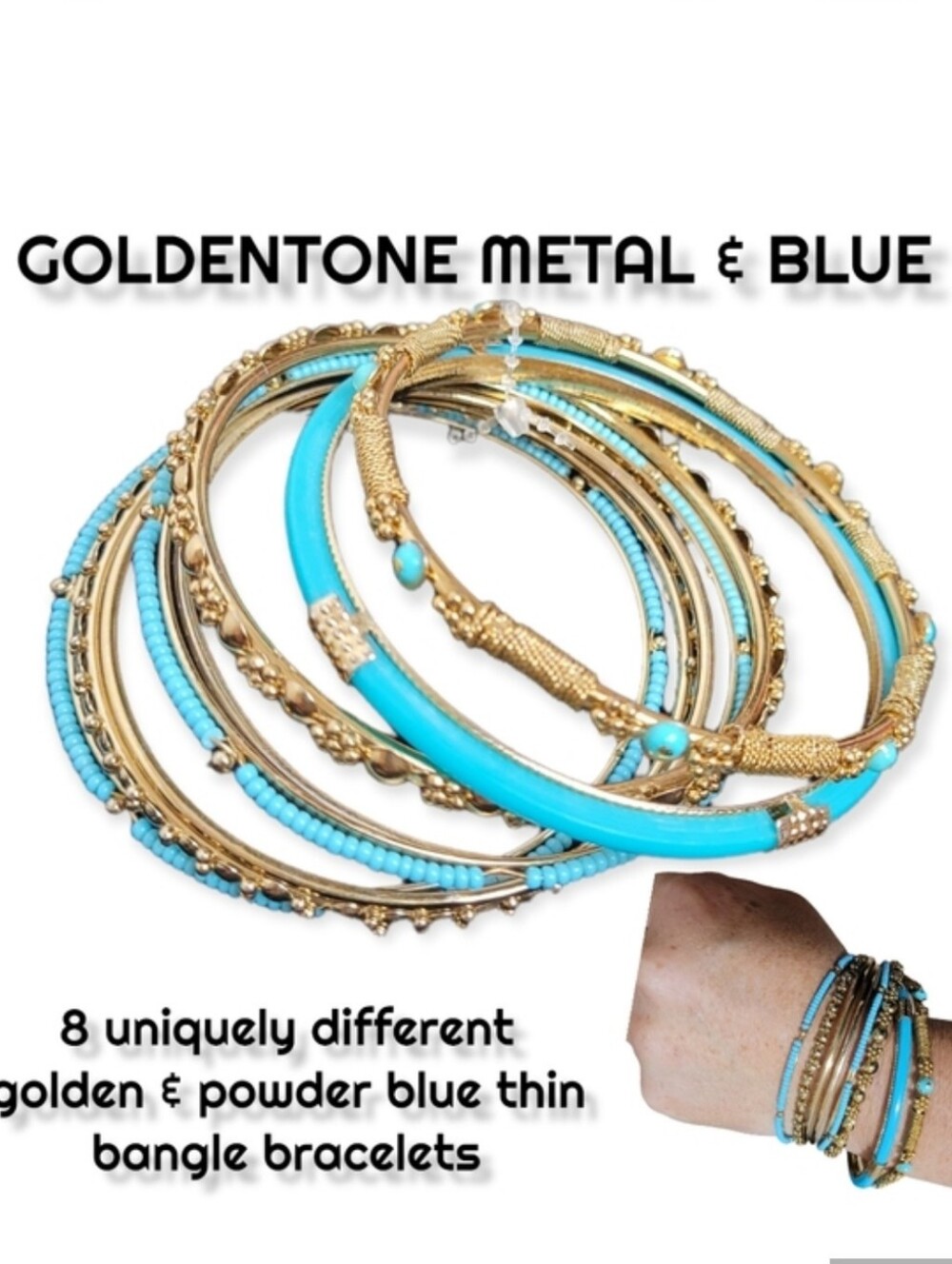Women's 8 Goldentone metal bangle bracelets metal wire wrap blue turquoise beads
